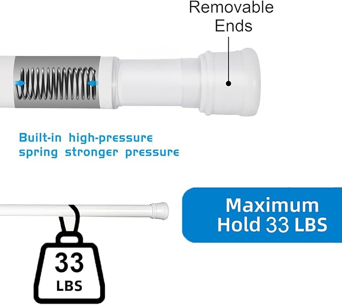 No Sectional Assembly Shower Curtain Rod 28-48 Inch, 1" Diameter Spring Long Adjustable Tension Curtain Rods for Bathroom Windows Closet No Drilling No Rust, White