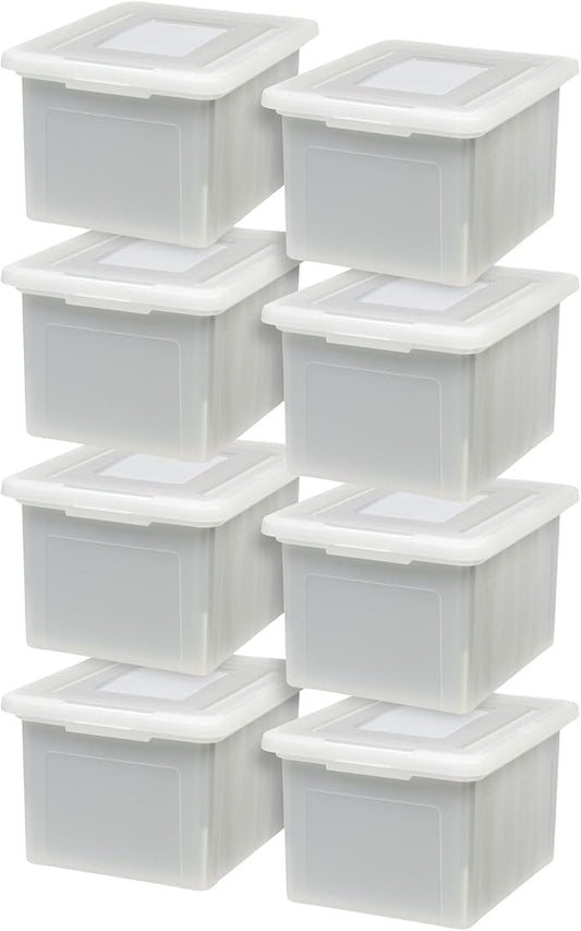 IRIS USA 8 Pack File Box, Plastic File Organizer with Lids for Letter/Legal File, Portable Document Box, Storage Bin with Secure Lid, Pearl 35 Qt.