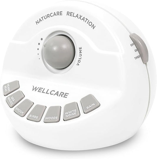 WELLCARE-Naturcare Sound Relaxation, White Noise, 7 Nature Sounds, Sleep Sound Machine, Calm Infants, for Baby, Kids, Adult. Stepless Volume, Timer, Powered by Adapter or Batteries(Both Not Incl.)
