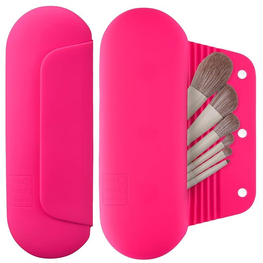 AGIKET Silicone Makeup Brush Holder Travel Cosmetic Bag：Soft Portable Cosmetic Face Brushes Holder with Upgrade Anti-Fall Out Magnetic Closure, Large Travel Makeup Brush Case - Babbie Pink