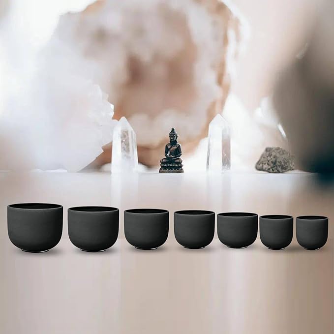 RYAN DVAN 7-12 Inch Set of 7 Pcs Black Color Quartz Crystal Singing Bowl Chakra Set with Free 2 pcs Carrying Case