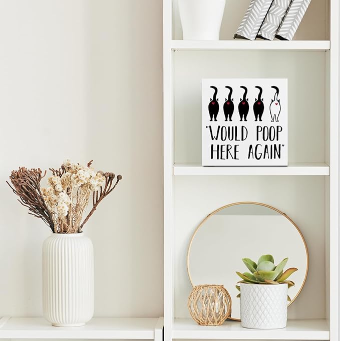 Funny Cat Bathroom Decor White Wooden Box Decorative Signs, Humorous Decorations for Bathroom Home Shelf, Wood Box Sign Cat Lover Gifts for Women Men Friends, Would Poop Here Again 5.1x5.1Inch