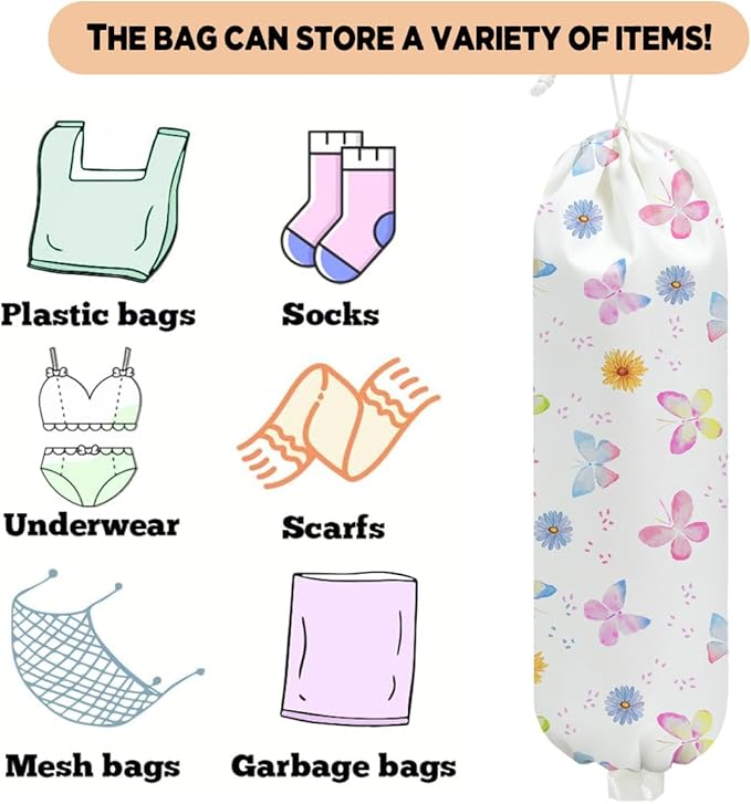 2 Pcs Flower Plastic Bag Holder, Wall Mount Grocery Bag Holder for Plastic Bags, Washable Large Grocery Bags Storage Dispenser for Home Kitchen Pantry Decor, Butterfly Gifts for Women, 22.5x9 Inch