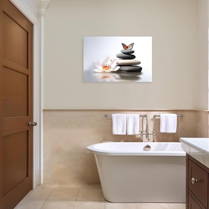 ARTZGX Zen Canvas Wall Art Spa Pictures Wall Decor Flower Zen Stones Butterfly Painting Print for Bathroom Yoga Decor Frame(Zen Flower - A 24.00" x 36.00")