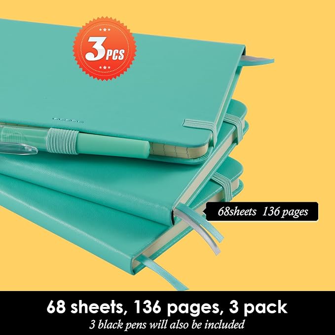 3 Pack Small Pocket Journal Notebook 3.7" x 5.7" with Pen, A6 Mini Cute Notepad for Women/Men, 408 Pages, 100Gsm Lined Paper Note Pads, Leather, Green