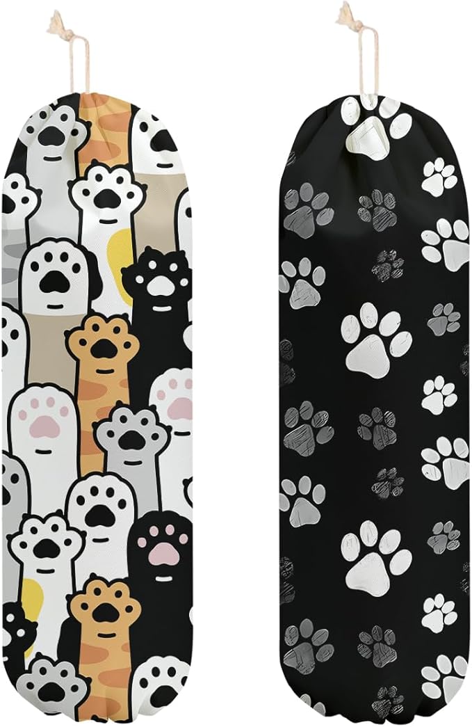 2 Pcs Cat Paws Plastic Bag Holder, Wall Mount Plastic Bag Holders for Grocery Bags, Large Reusable Grocery Bags Storage Dispenser for Home Kitchen Pantry Decor, Cute Cat Paws Gifts for Women Grandma
