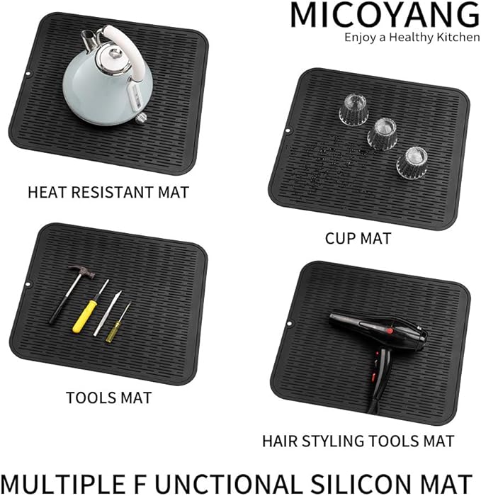 MicoYang Silicone Dish Drying Mat for Multiple Usage,Easy clean,Eco-friendly,Heat-resistant Silicone Mat for Kitchen Counter or Sink,Refrigerator or Drawer Liner Black 2XL 24 inches x 18 inches
