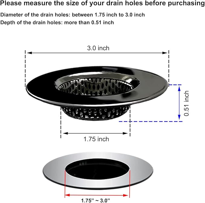 1.75" Bathtub Drain Strainers, Shower Drain Hair Catchers, Stainless Steel Drain Filter Cover for Bathroom Laundry Floor Drain, Fits 1.75"-3.0" Drain Hole, Black