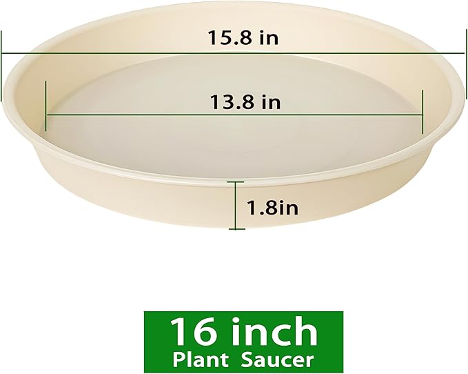 Bleuhome 4 Pack of 16 inch Plant Saucer (13.5" Base), Heavy Duty Plant Tray for Pots, Flower Water Trays for Indoors, Bird Bath Bowls, Plant Drip Saucers for Planter 14"/15"/16" (Beige)