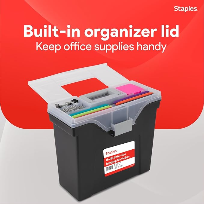 STAPLES File Box - Portable Storage Organizer, Letter Size, Black with Lift-Off Lid & Easy-Grip Handle