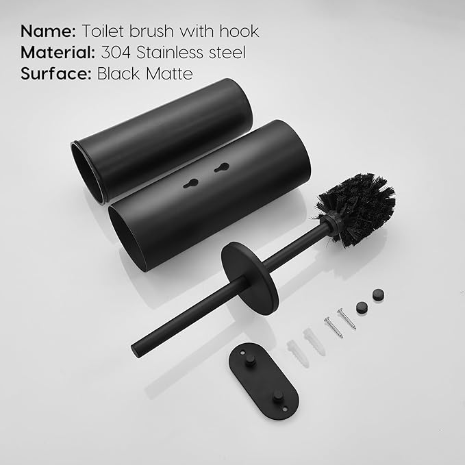 Toilet Bowl Brush and Holder, 304 Stainless Steel No-Punch Hook Base Dual-Purpose Toilet Brush Holder with Removable Inner Bucket and Splash Cover - Soft Bristles (Black)