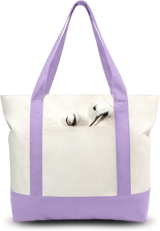 TOPDesign 6-Pack Canvas Tote Bags with an External Pocket, Reusable Grocery Shopping Bags, Top Zipper Closure, Daily Essentials (Lavender/Natural)