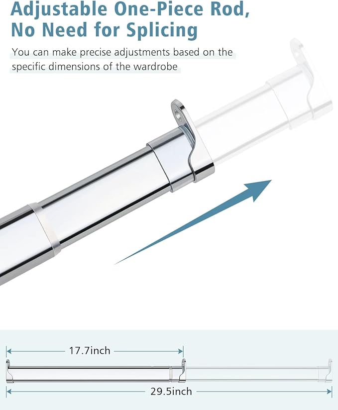 Heavy Duty Oval Closet Rod for Hanging Clothes, 17.7-29.5 Inch Adjustable Closet Rods, Premium Chrome