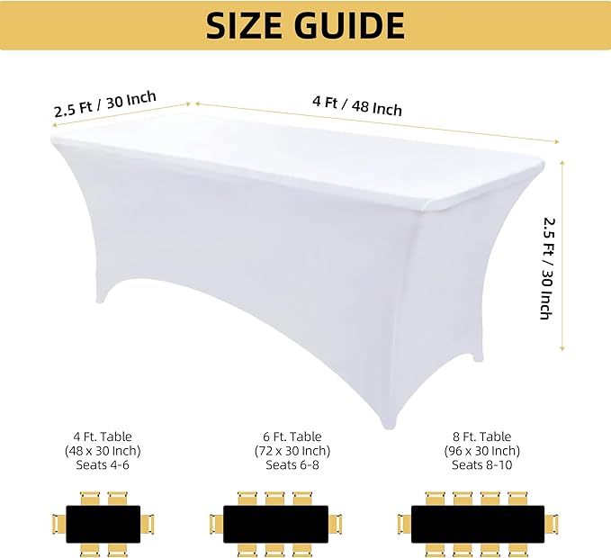 ZarzaaSik 2-Pack 4ft White Spandex Table Covers for Rectangular Folding Tables - Wrinkle Resistant Stretch Tight Table Cloths - Ultimate Fitted Table Protector for Parties, Banquet, and Wedding