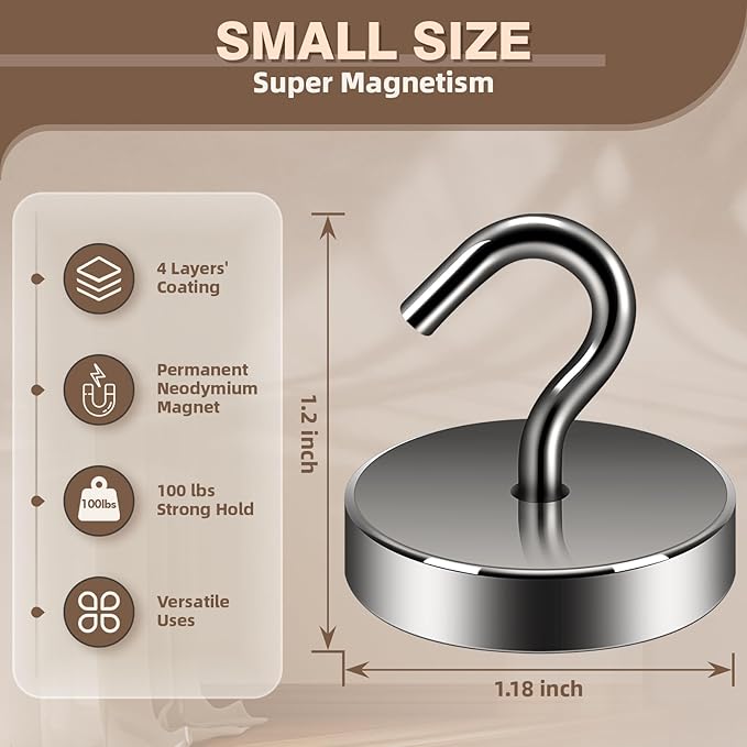 Neosmuk Magnetic Hooks, Cruise Ship Essentials, 100lb+ Heavy Duty Magnetic Hooks for Cruise Cabins, Refrigerator, Grill, Hanging, and Travel | Extra Strong Must-Haves Magnet Hook,Gunmetal,Pack of 20