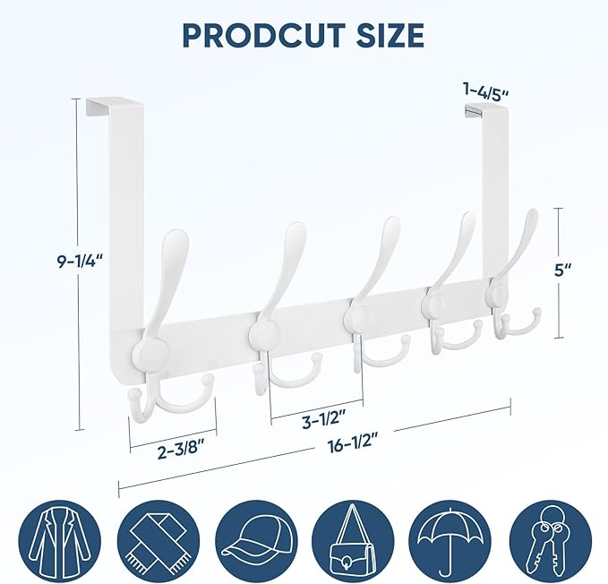 TICONN Over The Door Hooks, 5 Heavy Duty Tri Coat Rack All Metal Coat Hanger for Bathroom Bedroom Dorm (White, 1PC, Fits 1.75" Doors)