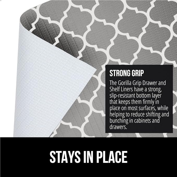 GORILLA GRIP DripGuard Shelf Liner, Non-Adhesive Drawer and Kitchen Cabinet Protector, Strong Grip Slip Resistant Underside, Smooth Surface Liners for Cabinets, Bathroom Closets, 12x240 In, White Gray