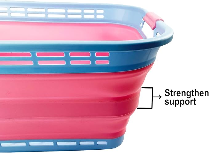 SAMMART 42L (11 Gallons) Collapsible Plastic Laundry Basket - Foldable Pop Up Storage Container/Organizer - Portable Washing Tub - Space Saving Hamper [BPA Free] (Cool Blue/Maglia Rosa (Set of 2))