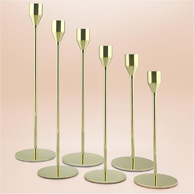 6Pcs Lemon Gold Candlestick Holders Set Fit 3/4" Tall Taper Candle Home Decorative Table Centerpieces for Family Dinning, Party Decoration