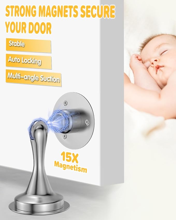Door Stoppers Magnetic Door Catch - 6 Pack Stainless Steel Heavy Duty Door Holder Stops for Bottom of Door - Wall Floor Mounting No Drill Strong Adhesive & Screws Strong Magnet Keep Door Open(Silver)