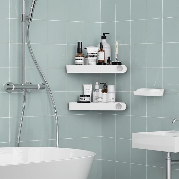 Sotfamily Plastic Shower Caddy Corner (For 90° Only), Adhesive Corner Shower Shelves for Bathroom Organizers and Storage, 2 Pack + Soap Dish, White