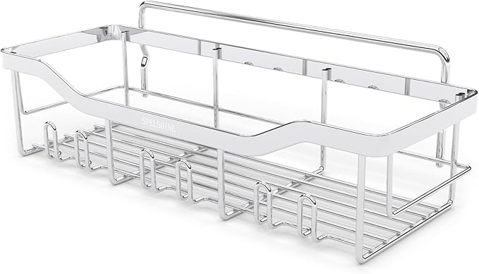 Shower Caddy with Hooks, Shower Shelf - 304 Stainless Steel Shower Rack, Anticorrosive, Rust-proof, Waterproof Bathroom Shelves Storage and Organization - White Silver Shower Shelves