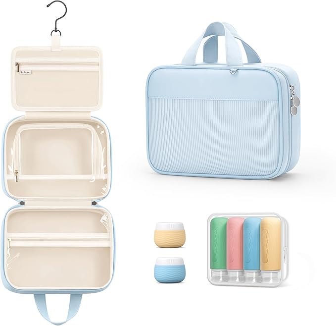 Lotour Travel Toiletry Bag for Women with Travel Size Silicone Containers Set, Hanging Toiletry Bag for toiletries, Cosmetic Bag Travel Organizer (Blue)