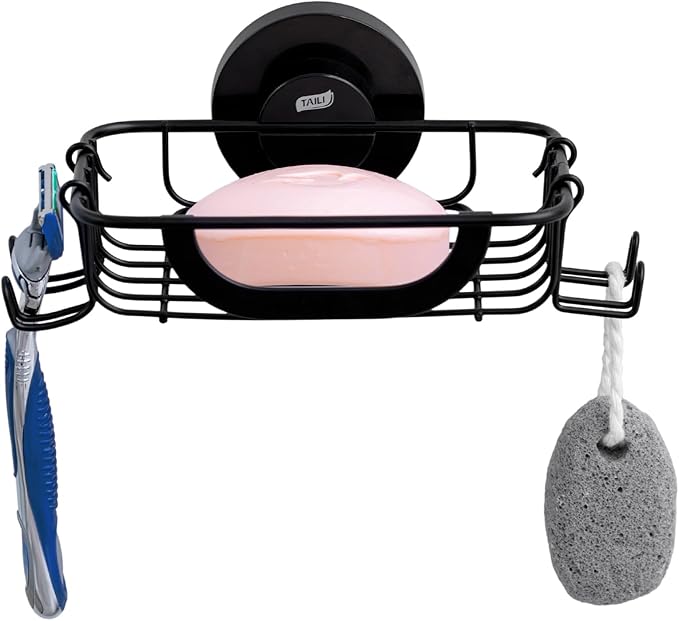 TAILI Soap Bar Holder Dish with Hooks, Shower Soap Tray Saver Suction Cup with Razor Holder for Wall, Rustproof Stainless Steel Bath Shampoo Caddy for Bathroom Accessories Organizer, Sink, Black