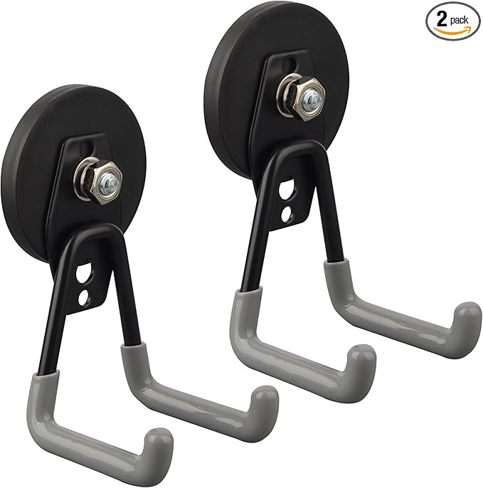 ULIBERMAGNET Heavy Duty Magnetic Hooks,Strong Large Magnet Hooks for Power Drill,Garden Tools, Hose,Pegboard,Garage, Workshop,2 Pack Magnetic Storage Hooks for Indoor Outdoor Hanging(Gray)