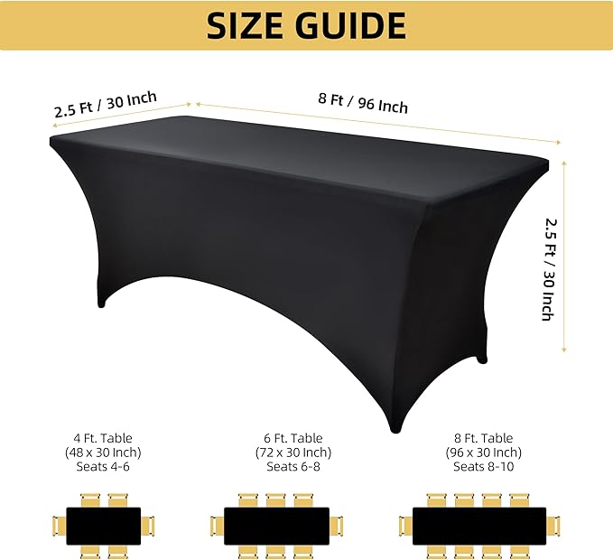 ZarzaaSik 6-Pack 8ft Black Spandex Table Covers for Rectangle Folding Tables - Washable Elastic Tablecloth - Ultimate Fitted Table Protector for Birthday Parties, Trade Shows, Banquet