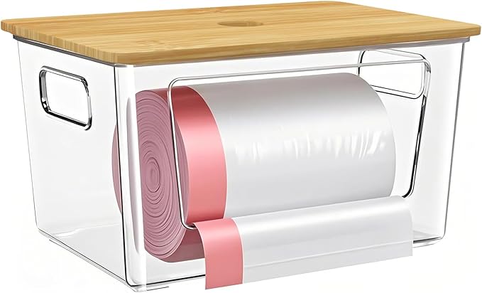Trash Bags Holder, Stackable Trash Bag Dispenser with Bamboo Lid – Extra Large Garbage Bag Holder for Kitchen, Laundry Room, Under-Sink Storage Organization (1 pack)