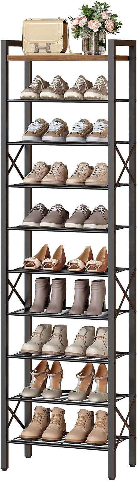 10-Tier Narrow Shoe Rack, Tall Shoe Rack for 10-20 Pairs, Slim Shoe Storage Organizer with Wooden Top, Space Saving, Metal Frame, for Entryway, Rustic Brown and Black SS68BR