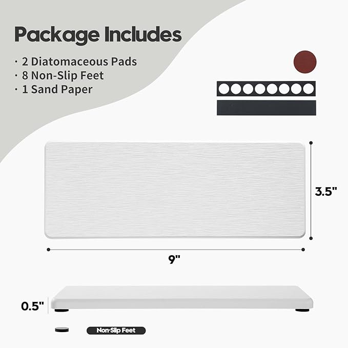 Razborci 2PCS Bathroom Sink Trays, Water Absorbing Diatomite Stone Quick Drying Mat for Kitchen Counter, Dish Rack Soap Dispenser Sponge Holder Caddy Vanity Organizer, White, 9"x3.5"