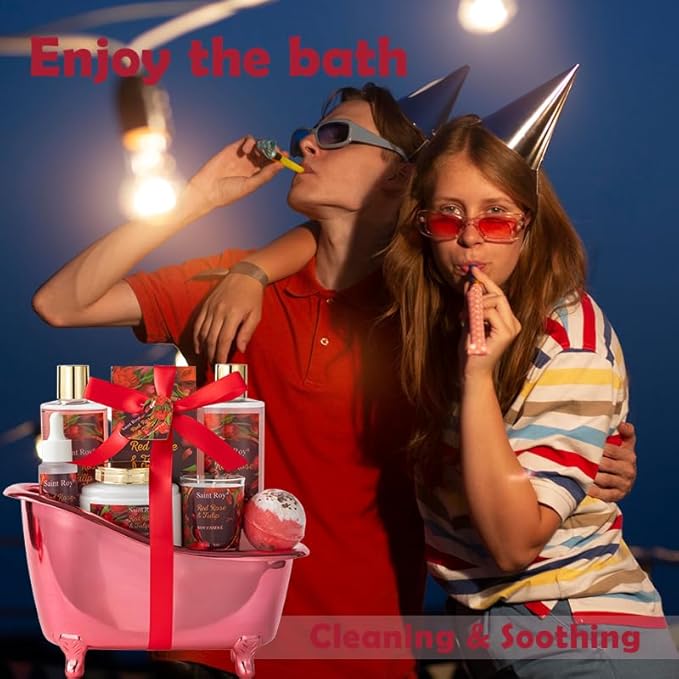 Christmas Gifts for Women, spa kit Gifts for Her Mother's Day Bath Spa Gift Set Red Rose & Tulip Spa Basket Kits for Women, Contains Body Oil, Body Lotion, Salt, self care baskets Mother's Day Gift