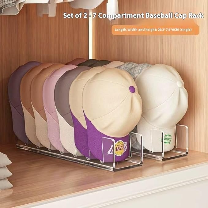 Acrylic Baseball Cap Organizer Rack 2-Pack - Holds 14 Hats, No Install Space Saving Display Stand for Closet, Bedroom, Entryway (Clear)