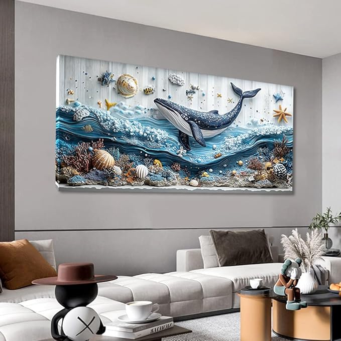 ZESTRILIA Ocean Whale Wall Art for Kids Room Navy Blue Marine Organism Underwater World under the Sea Canvas Painting Prints Artwork Family Living Bedroom Decor Extra Large (58x28 Inches)