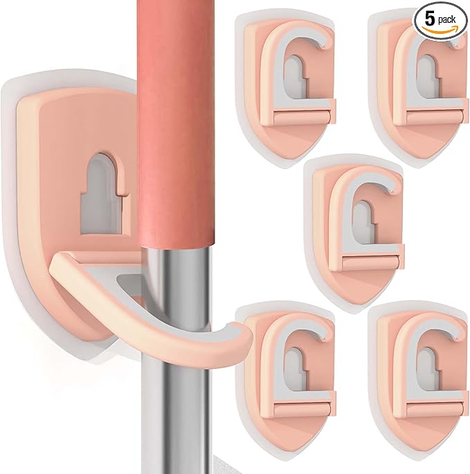 ROCKYGFI Broom Holder Wall Mount Self Adhesive, Broom and Mop Organizer Wall Hanging, No Drilling Anti-Slip Broom Hook Over Door for Home, Kitchen, Garden, Garage Storage (5-Pack, Coral Pink)