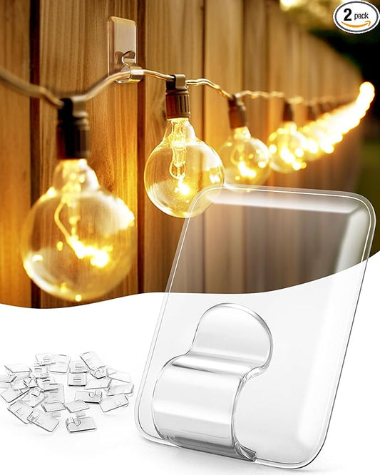 LZC Hooks for Outdoor String Lights Clips: 20 Pack Large Clear Rectangle Outdoor Light Clips Waterproof Adhesive Strips - Heavy Duty Outside Hanging Cable Rope Light Holders Organizer