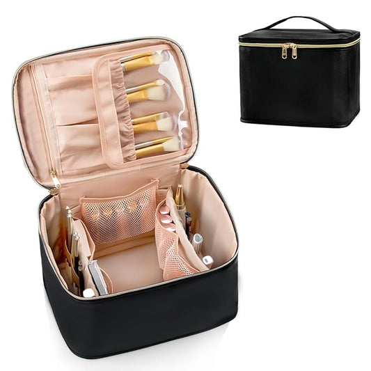 OCHEAL Large Makeup Bag for Women - Travel Cosmetic Organizer with Brush Holder & Dividers, Waterproof Leather Makeup Case, Portable Toiletry Bag for Makeup Brushes, Skincare, Accessories (Black)
