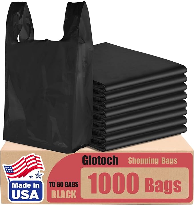 Glotoch 1000 Count Plastic T-shirt Bags Plain Black, 11.5 x 6.5 x 21" Grocery Shopping Bags with Handles for Restaurant, Retail, Takeout, Convenience Stores, Kitchen Trash, in Bulk for Small Business
