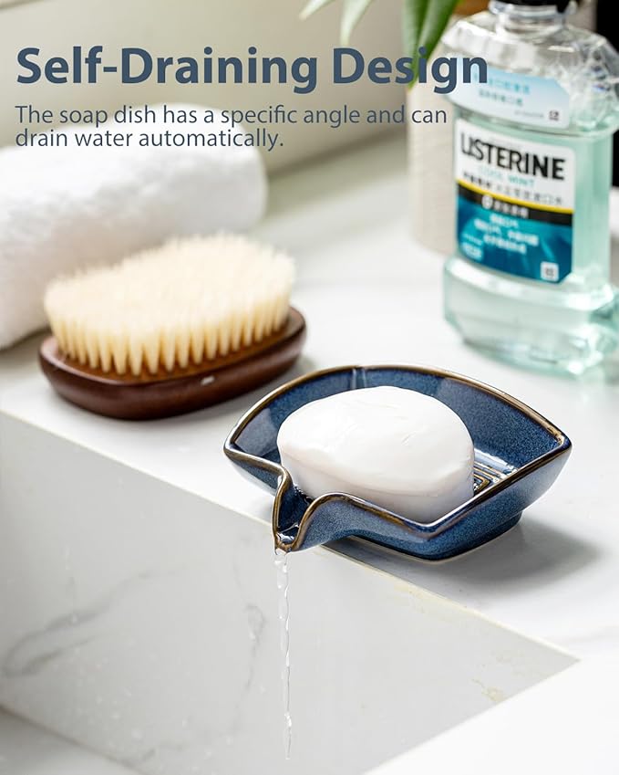 Ceramic Soap Dish, Bar Soap Holder with Drain Spout, Self-Draining Soap Saver for Shower, Bathroom, Kitchen Sink, Bathtub, Keeps Soap Dry, Blue