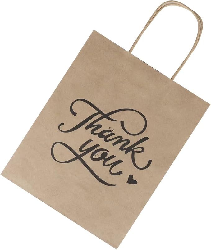bagmad 100 Pack 8x4.75x10 Inch Medium Brown Paper Gift Bags with Handles Bulk, Thank You Kraft Paper Bags for Party Favors Grocery Retail Shopping Wedding Craft Sacks (Plain Natural, 100pcs Count)