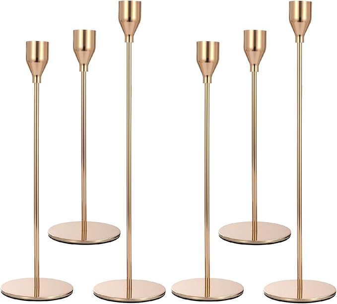 Set of 6 Pink Gold Candlestick Holders Pink Gold Candle Holder Taper Candle Holders Candle Holders Decorative Candlestick Holder for Home Decor, Wedding, Dinning, Party, Anniversary (Gold)