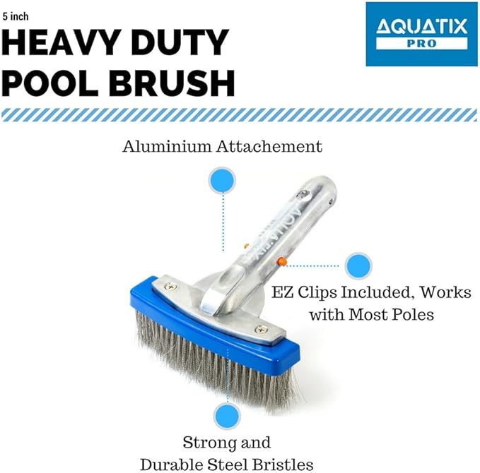 Aquatix Pro Heavy Duty 5" Pool Brush, Durable Stainless Steel Bristles, Aluminium Handle, Tackles & Cleans Stubborn Stains in Swimming Pools, Steps, Walls, Tiles, Best for Concrete & Gunite Surfaces