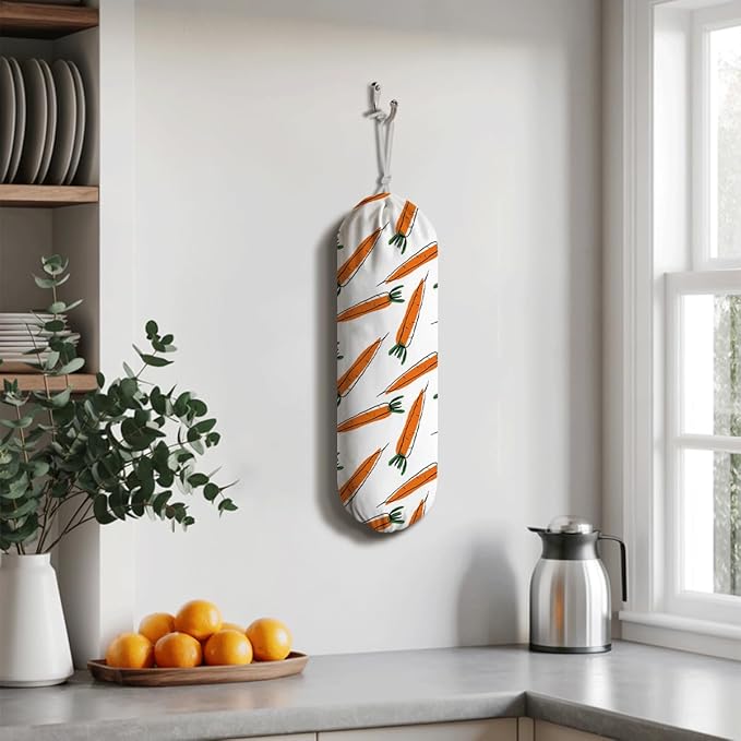 Carrots Plastic Bag Holder, Grocery Bags Storage Organizer, Reusable Shopping Bags Holder Dispenser for Kitchens Pantry, Country Style Home Decor, Housewarming Gift, Kitchen Pattern Garbage Bag 44