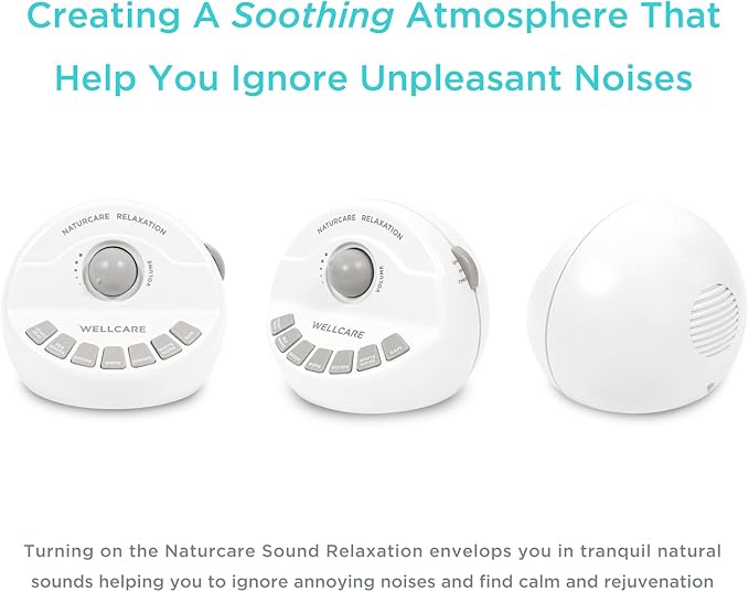WELLCARE-Naturcare Sound Relaxation, White Noise, 7 Nature Sounds, Sleep Sound Machine, Calm Infants, for Baby, Kids, Adult. Stepless Volume, Timer, Powered by Adapter(Incl.) or Batteries(Not Incl.)