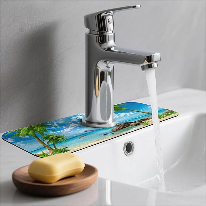 Kitchen Sink Splash Guard，Summer coconut Beach dolphins Faucet Mat Sink Gadgets-Super Absorbent Fast Drying Mat Drip Catcher for Kitchen, Bathroom,Sink Mat, Dish Drying Mat, Bathroom(15" X 5.5" )