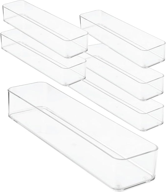 primebox Plastic Clear Drawer Organizers. Bathroom, Kitchen, Bedroom, Gadgets, Office Organizer Bins, Storage Trays. Heavy Duty, Stackable. 12" x 3" x 2" Set of 6