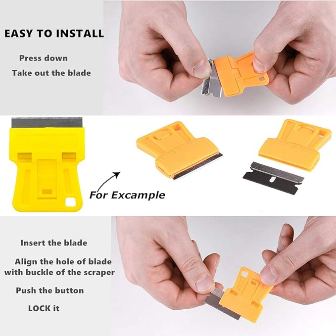 Mini Plastic Razor Blade Scraper High Visibility Bright Yellow Window Scraper Paint Scraper with 5 Spare Metal Razor Scraper Blades Stove Top Scraper Scraping Sticker Decal Residue Label