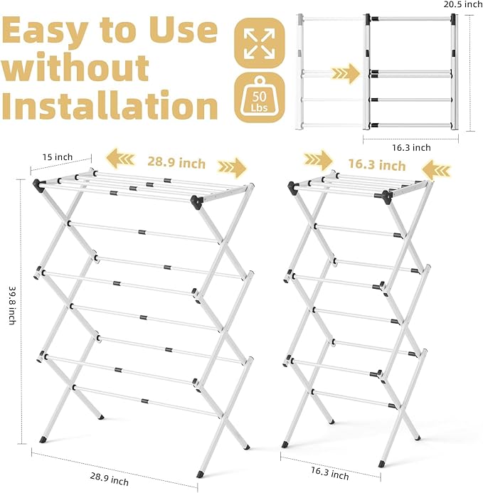 BAKON Clothes Drying Rack Foldable,Space-Saving Expandable & Portable Drying Rack for Clothes,Sturdy Metal Clothes Dryer Rack for Indoor & Outdoor,Laundry Room,Dorm Room,Apartments